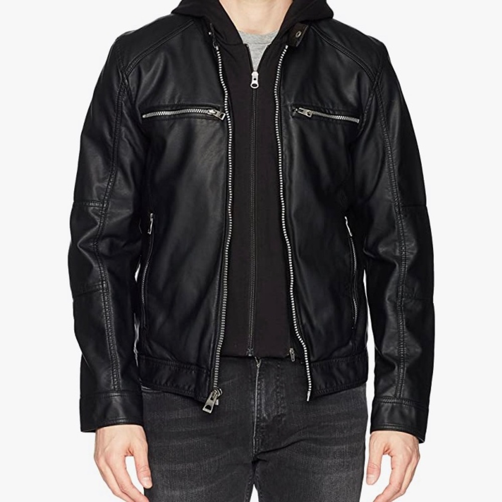 GUESS Faux Leather Hooded Moto Jacket